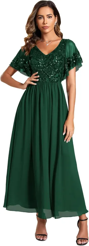 Ever-Pretty Women's Formal Dress V-Neck Sequin Applique Ruffles Sleeves Backless A-Line Evening Dresses 01583