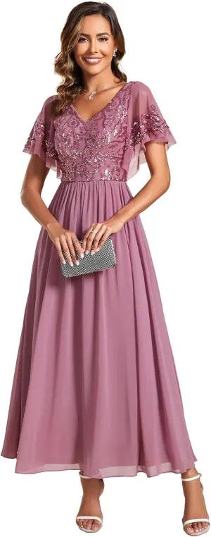 Ever-Pretty Women's Formal Dress V-Neck Sequin Applique Ruffles Sleeves Backless A-Line Evening Dresses 01583