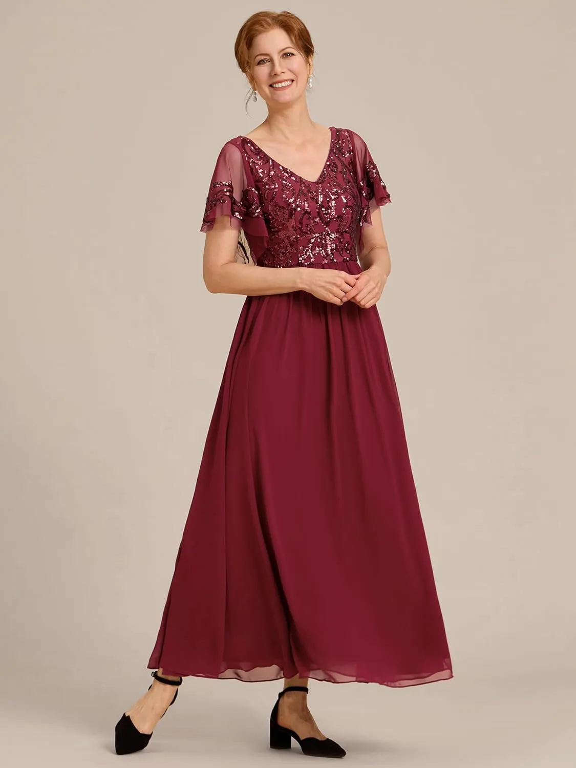 Ever-Pretty Women's Formal Dress V-Neck Sequin Applique Ruffles Sleeves Backless A-Line Evening Dresses 01583