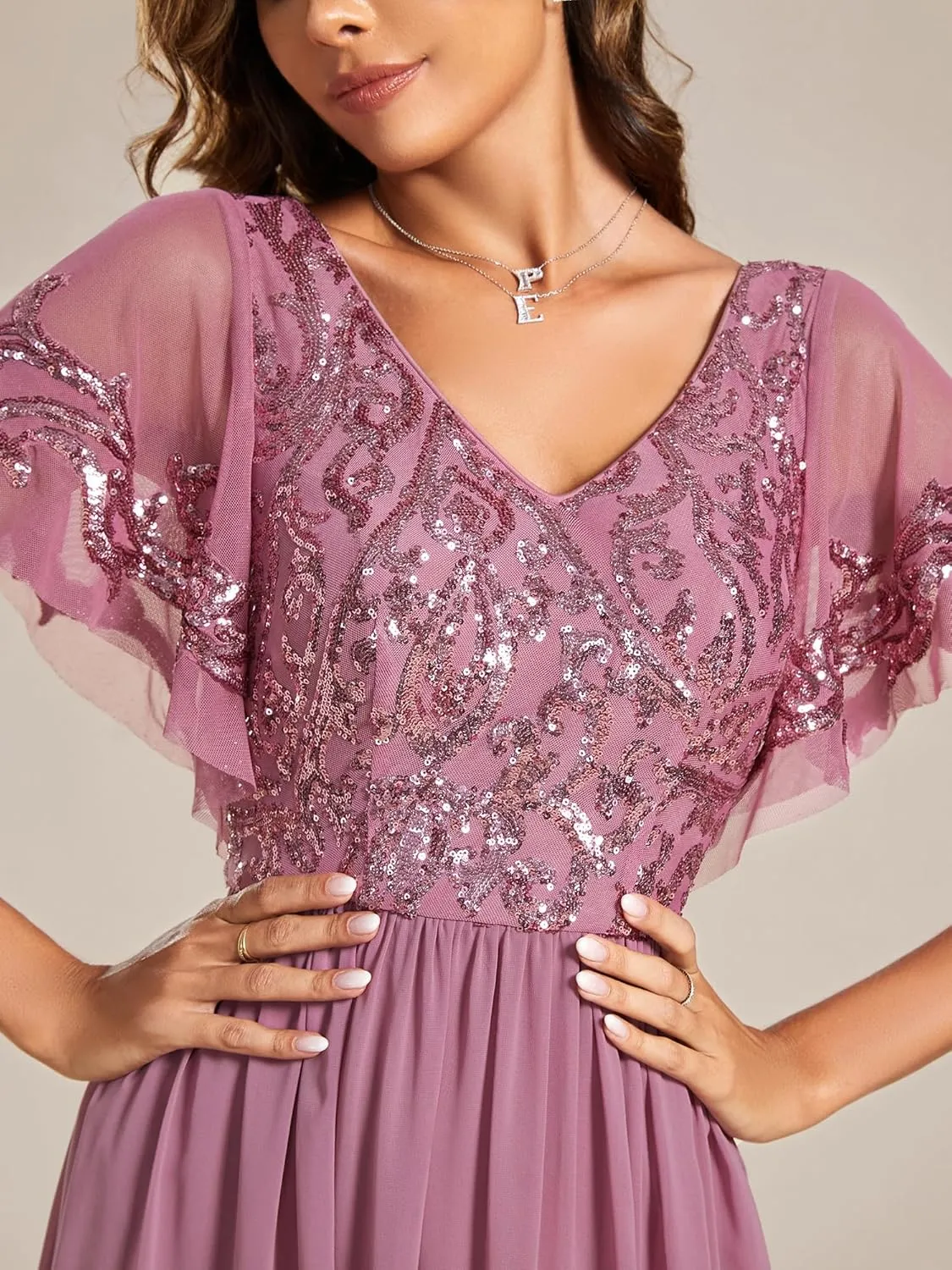 Ever-Pretty Women's Formal Dress V-Neck Sequin Applique Ruffles Sleeves Backless A-Line Evening Dresses 01583