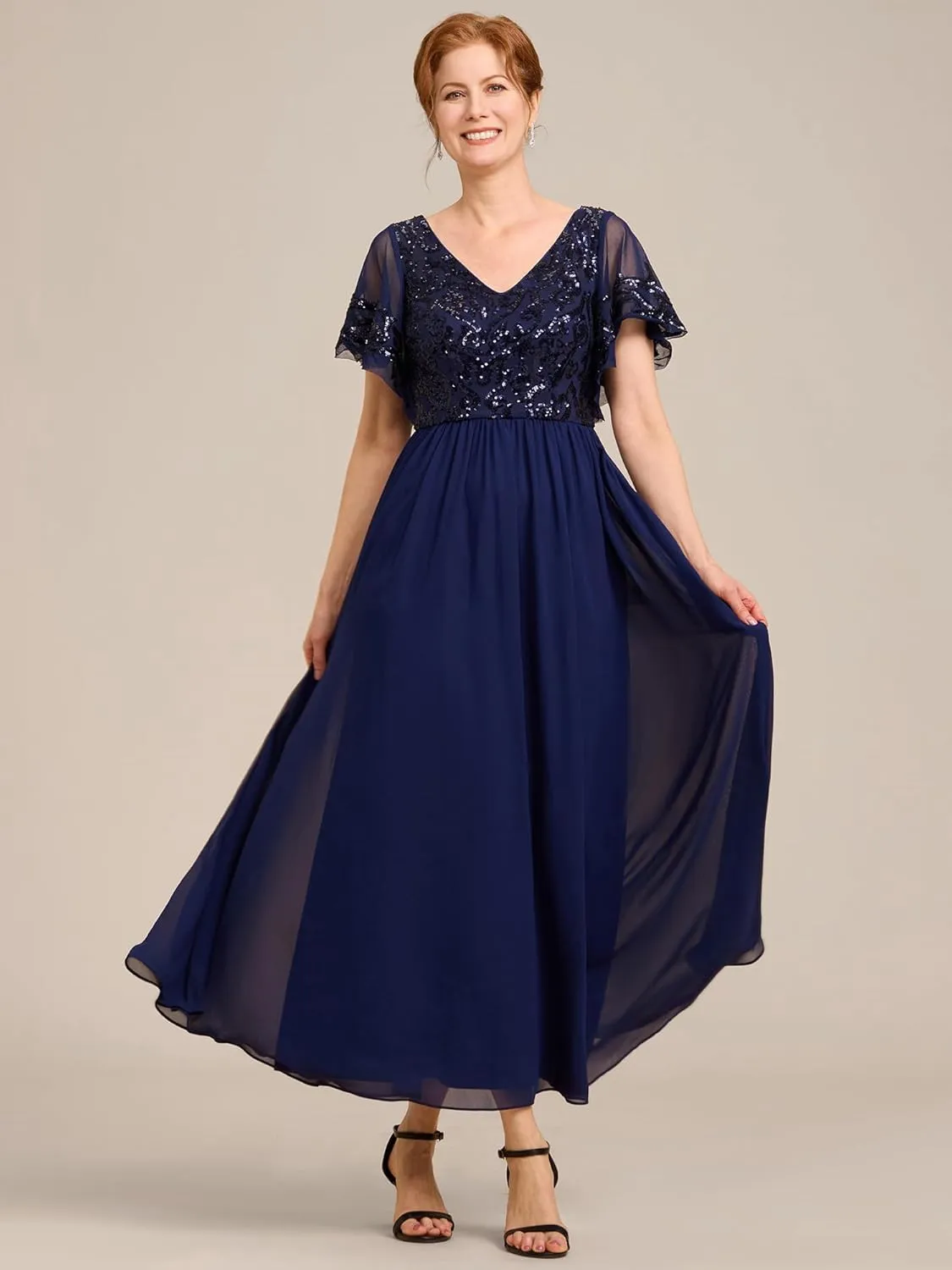 Ever-Pretty Women's Formal Dress V-Neck Sequin Applique Ruffles Sleeves Backless A-Line Evening Dresses 01583
