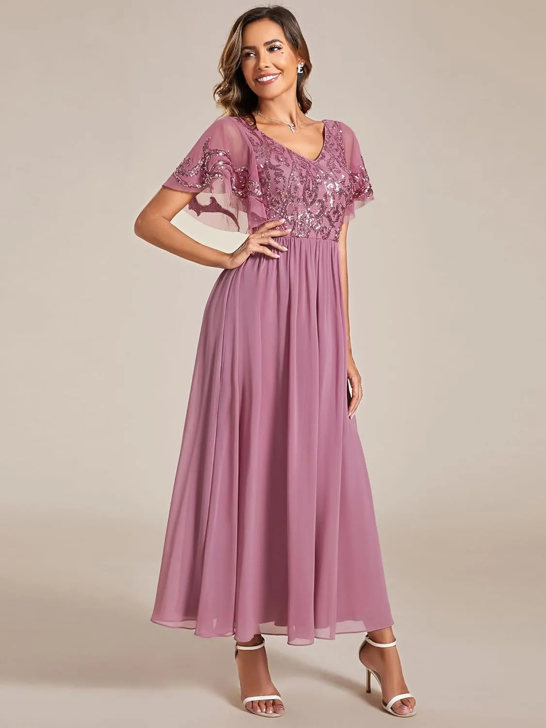 Ever-Pretty Women's Formal Dress V-Neck Sequin Applique Ruffles Sleeves Backless A-Line Evening Dresses 01583