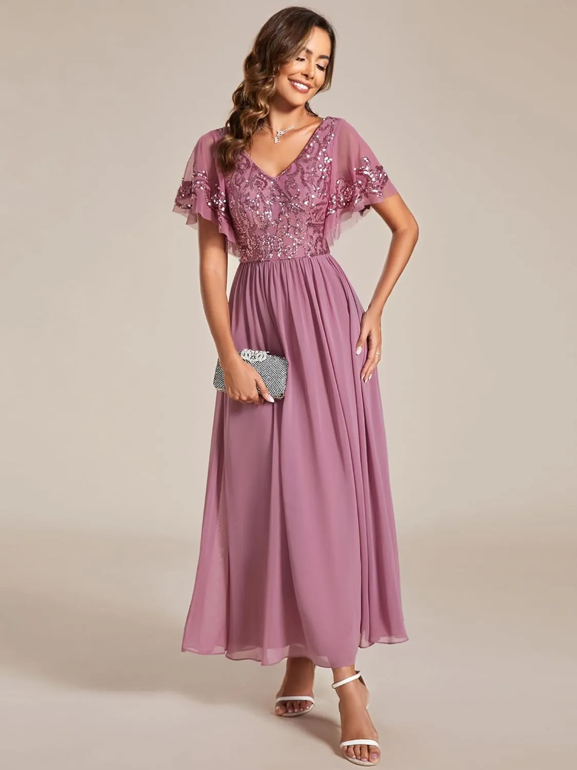 Ever-Pretty Women's Formal Dress V-Neck Sequin Applique Ruffles Sleeves Backless A-Line Evening Dresses 01583