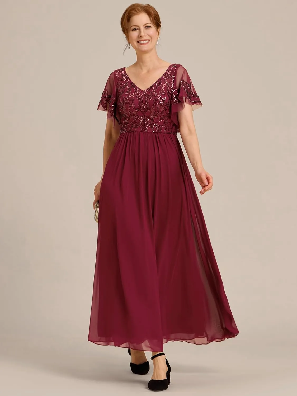 Ever-Pretty Women's Formal Dress V-Neck Sequin Applique Ruffles Sleeves Backless A-Line Evening Dresses 01583