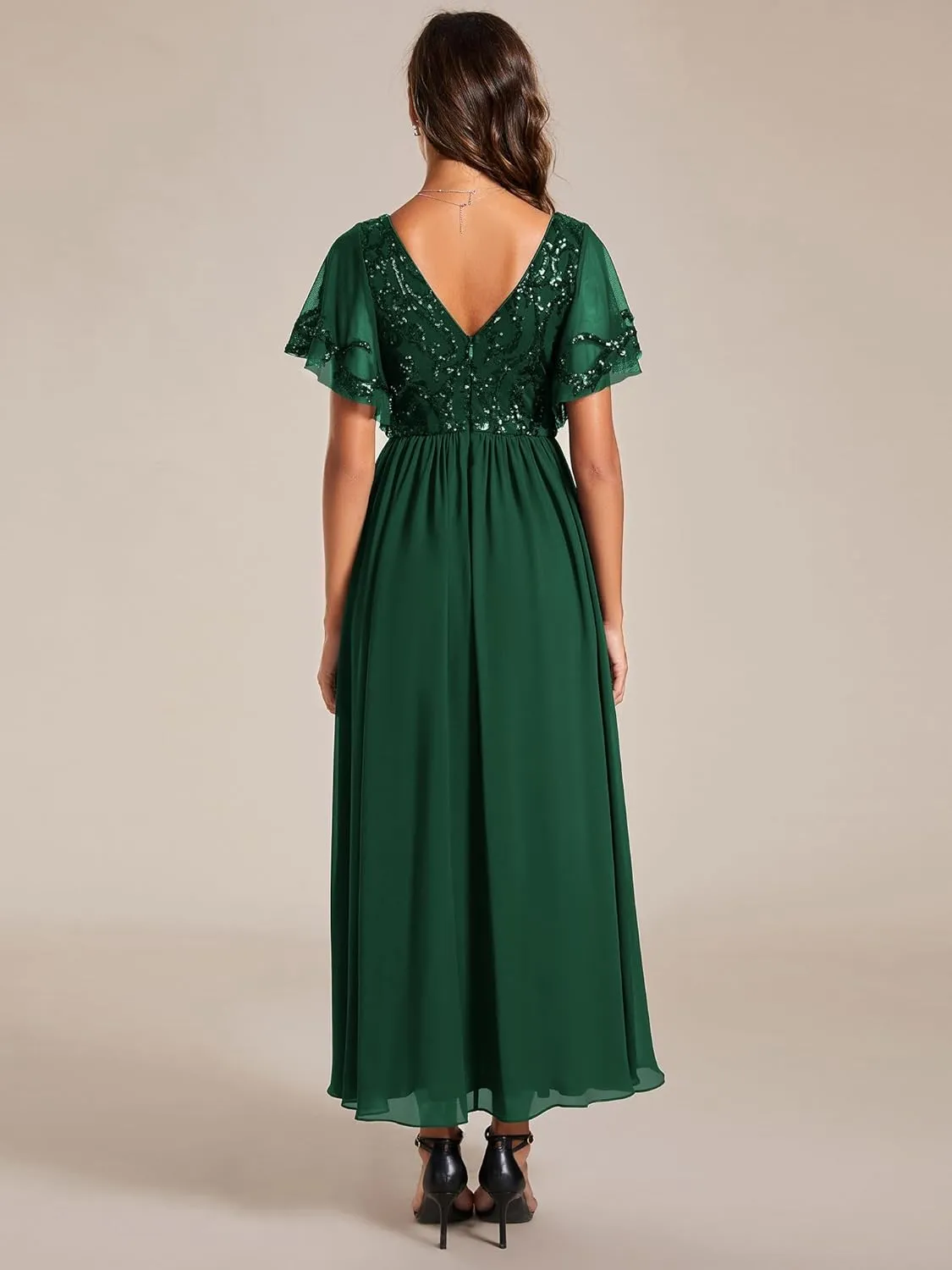 Ever-Pretty Women's Formal Dress V-Neck Sequin Applique Ruffles Sleeves Backless A-Line Evening Dresses 01583