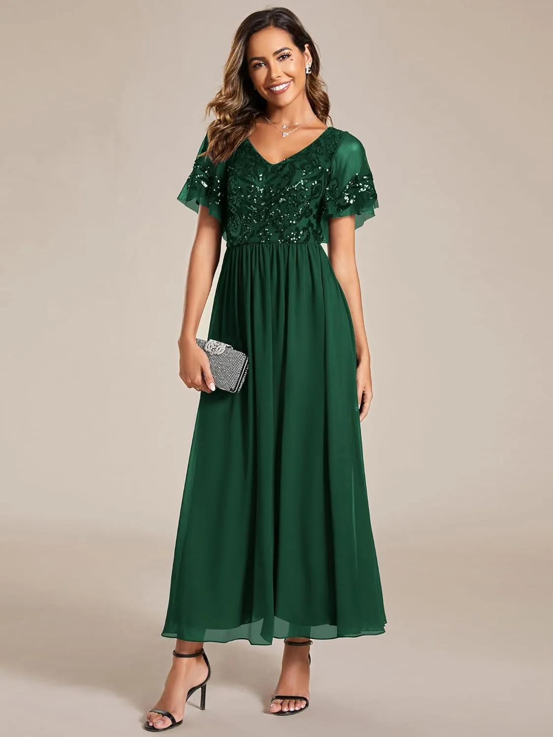 Ever-Pretty Women's Formal Dress V-Neck Sequin Applique Ruffles Sleeves Backless A-Line Evening Dresses 01583