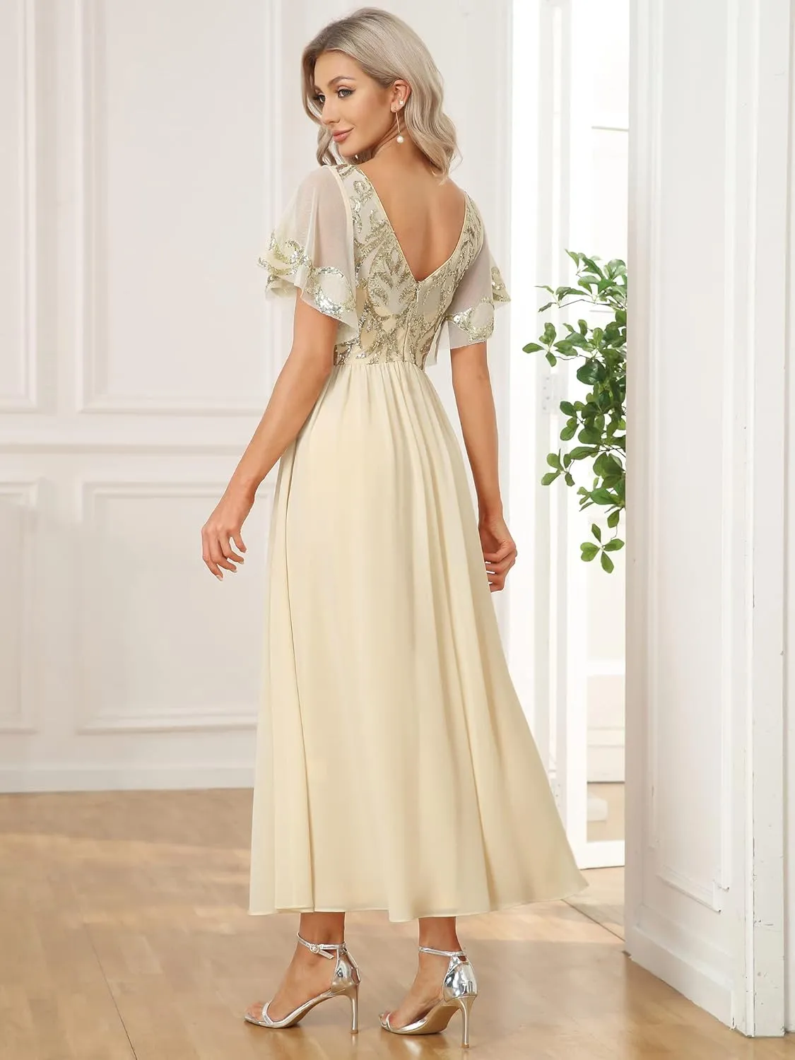 Ever-Pretty Women's Formal Dress V-Neck Sequin Applique Ruffles Sleeves Backless A-Line Evening Dresses 01583