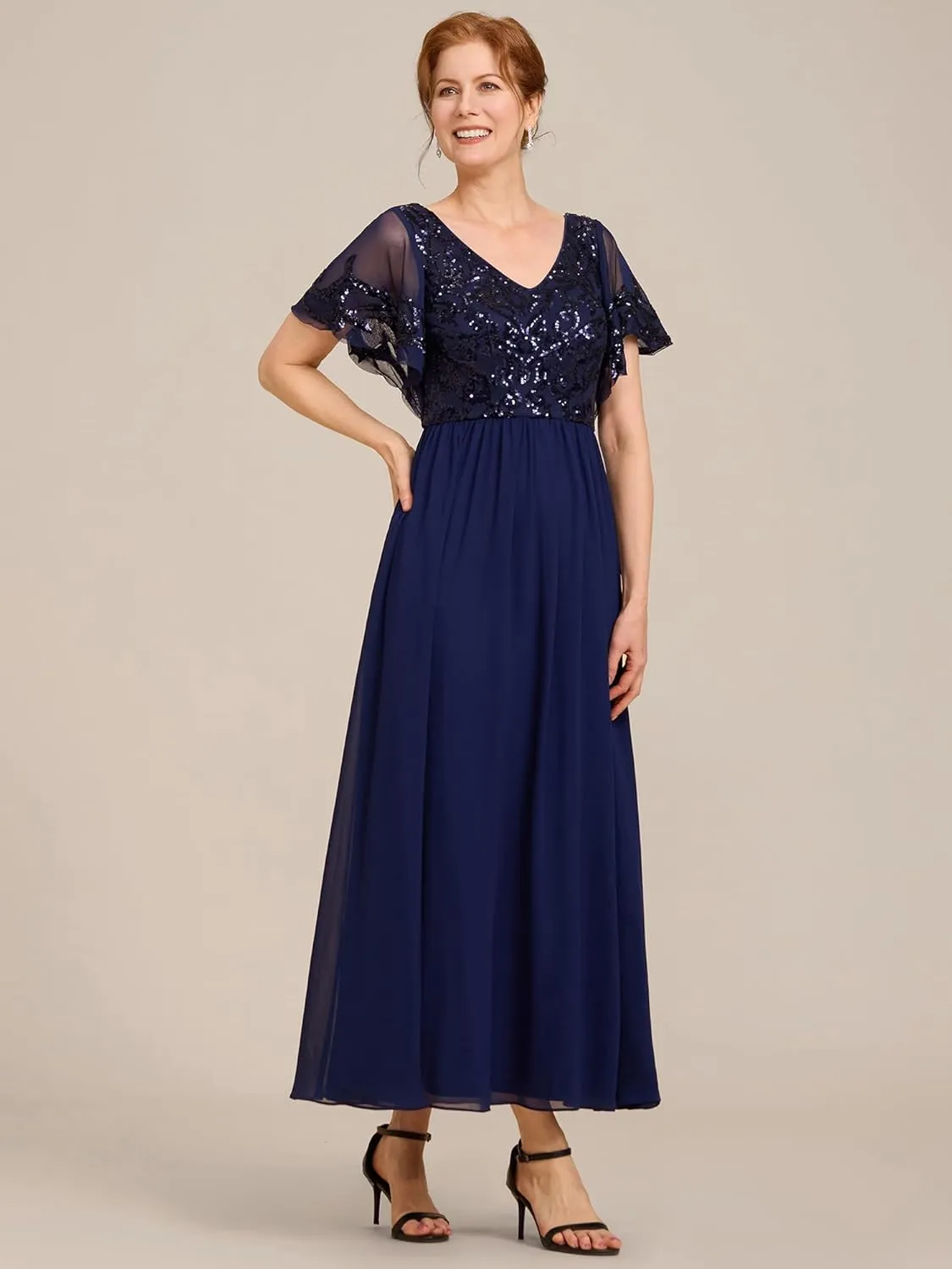 Ever-Pretty Women's Formal Dress V-Neck Sequin Applique Ruffles Sleeves Backless A-Line Evening Dresses 01583