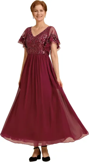Ever-Pretty Women's Formal Dress V-Neck Sequin Applique Ruffles Sleeves Backless A-Line Evening Dresses 01583