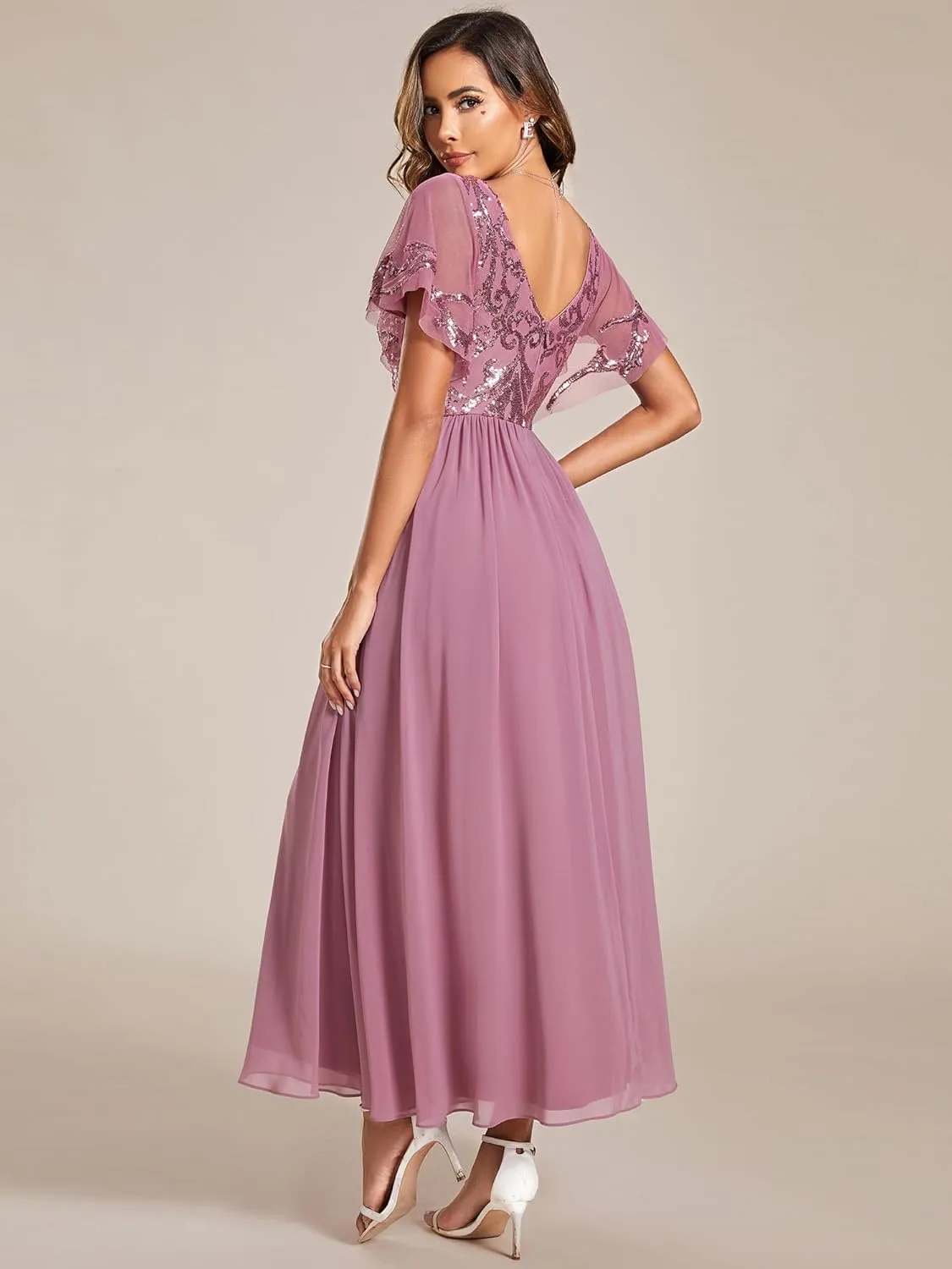 Ever-Pretty Women's Formal Dress V-Neck Sequin Applique Ruffles Sleeves Backless A-Line Evening Dresses 01583