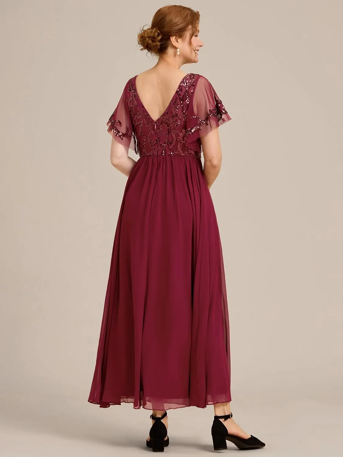 Ever-Pretty Women's Formal Dress V-Neck Sequin Applique Ruffles Sleeves Backless A-Line Evening Dresses 01583
