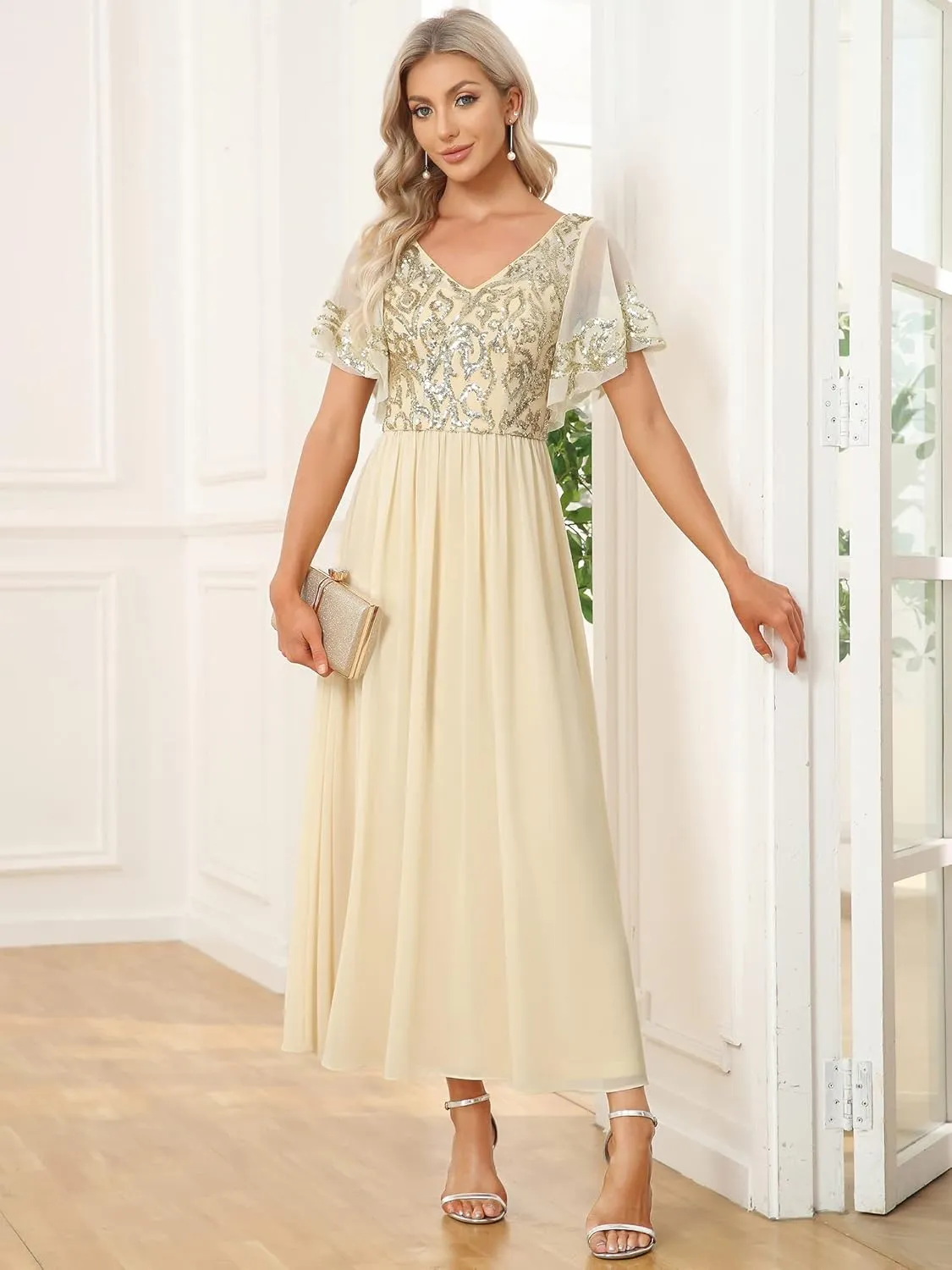 Ever-Pretty Women's Formal Dress V-Neck Sequin Applique Ruffles Sleeves Backless A-Line Evening Dresses 01583