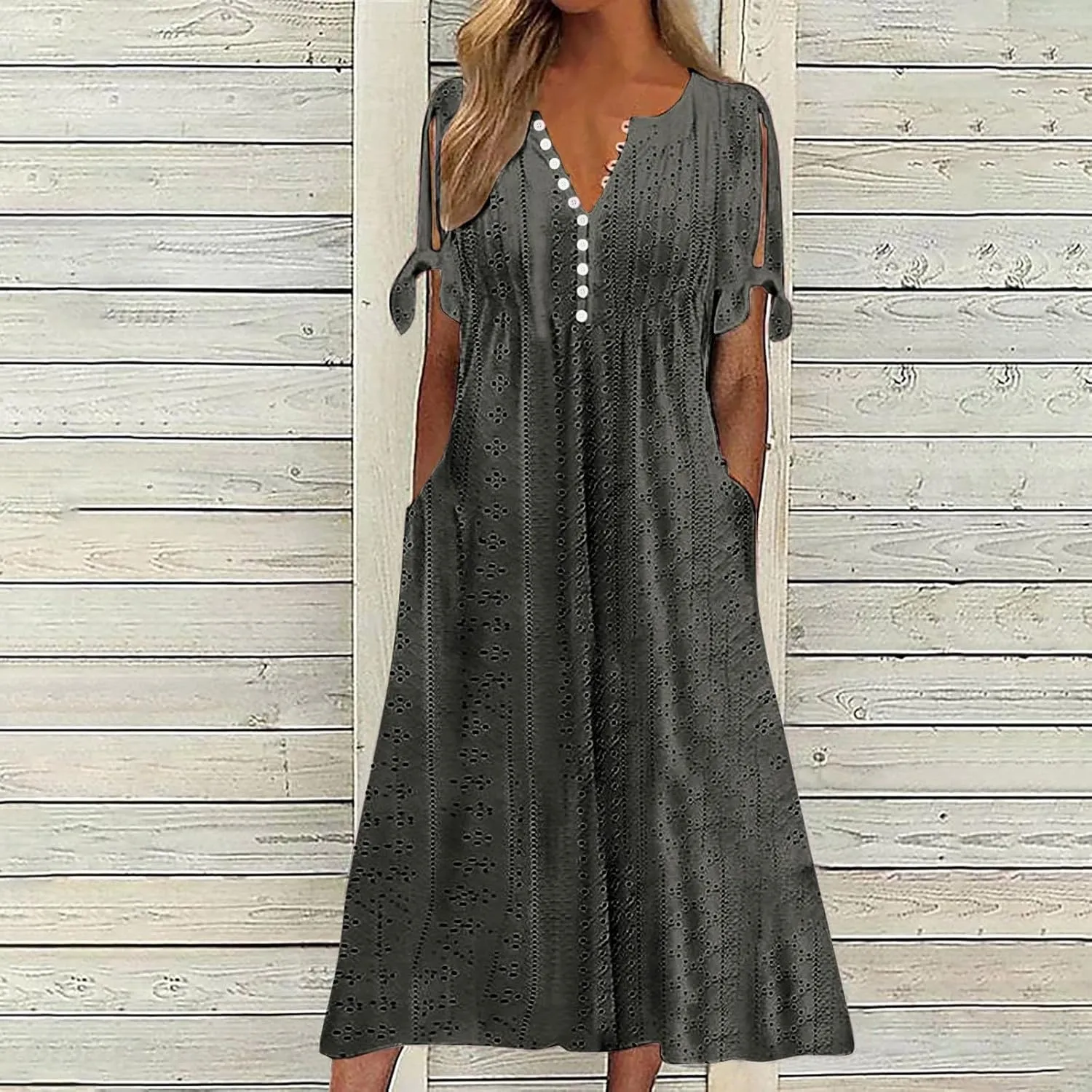 Eyelet Dresses for Women 2025 Short Sleeve V Neck Maxi Dress Casual Summer Beach Vacation Trendy Boho Long Sundress