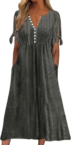 Eyelet Dresses for Women 2025 Short Sleeve V Neck Maxi Dress Casual Summer Beach Vacation Trendy Boho Long Sundress