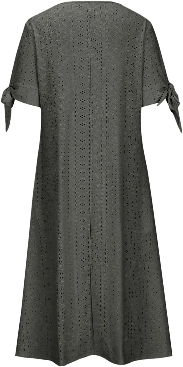 Eyelet Dresses for Women 2025 Short Sleeve V Neck Maxi Dress Casual Summer Beach Vacation Trendy Boho Long Sundress