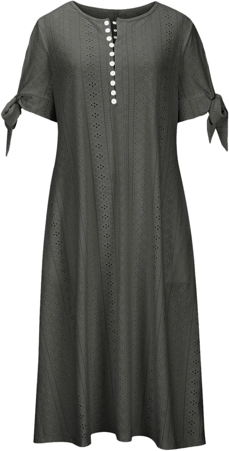 Eyelet Dresses for Women 2025 Short Sleeve V Neck Maxi Dress Casual Summer Beach Vacation Trendy Boho Long Sundress