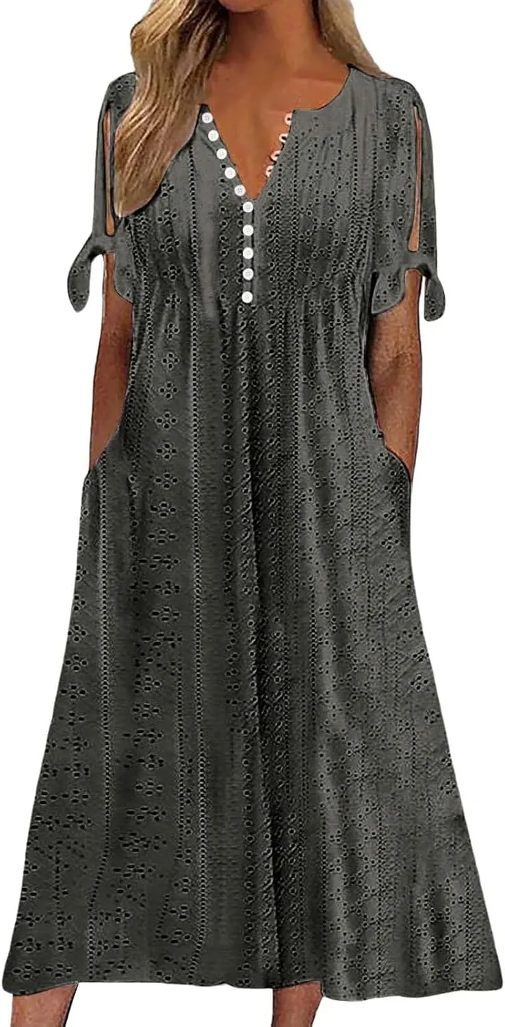 Eyelet Dresses for Women 2025 Short Sleeve V Neck Maxi Dress Casual Summer Beach Vacation Trendy Boho Long Sundress
