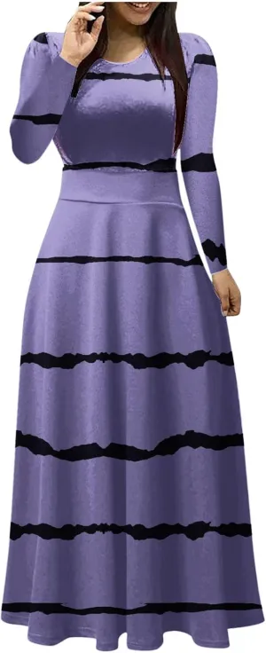 Fall Floral Dresses for Women 2024 Fashion Striped Elastic Waist Causal Boho Dress Plus Size Crewneck Oversized Dress