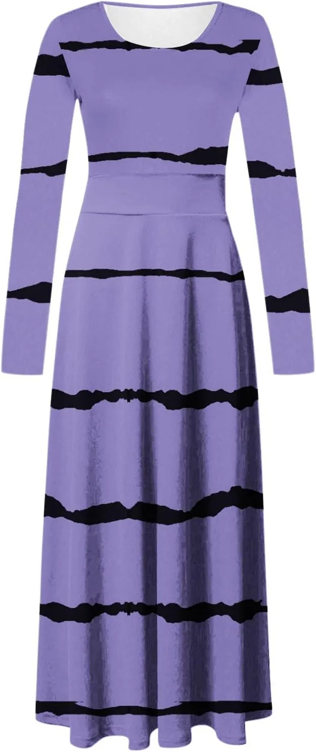 Fall Floral Dresses for Women 2024 Fashion Striped Elastic Waist Causal Boho Dress Plus Size Crewneck Oversized Dress