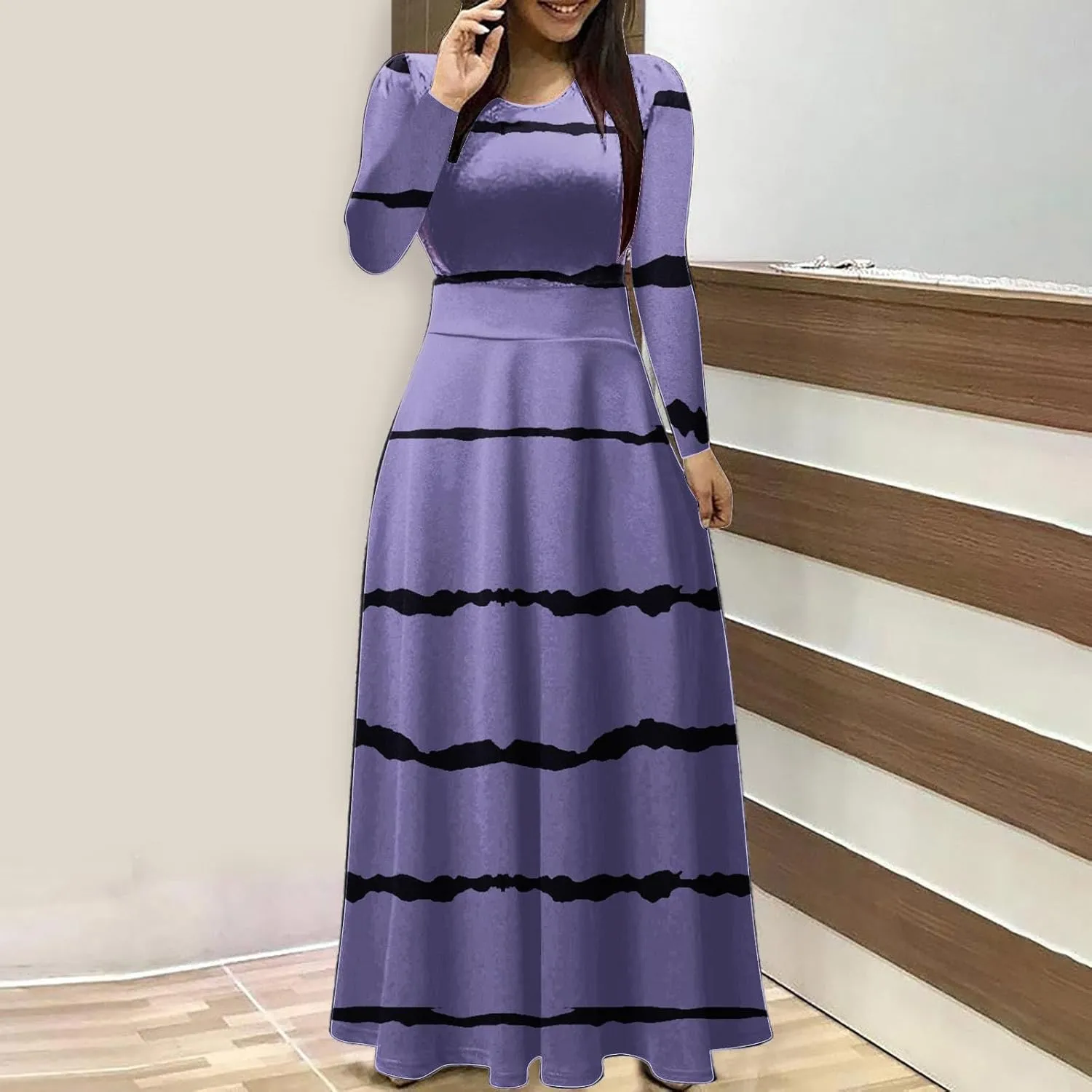 Fall Floral Dresses for Women 2024 Fashion Striped Elastic Waist Causal Boho Dress Plus Size Crewneck Oversized Dress