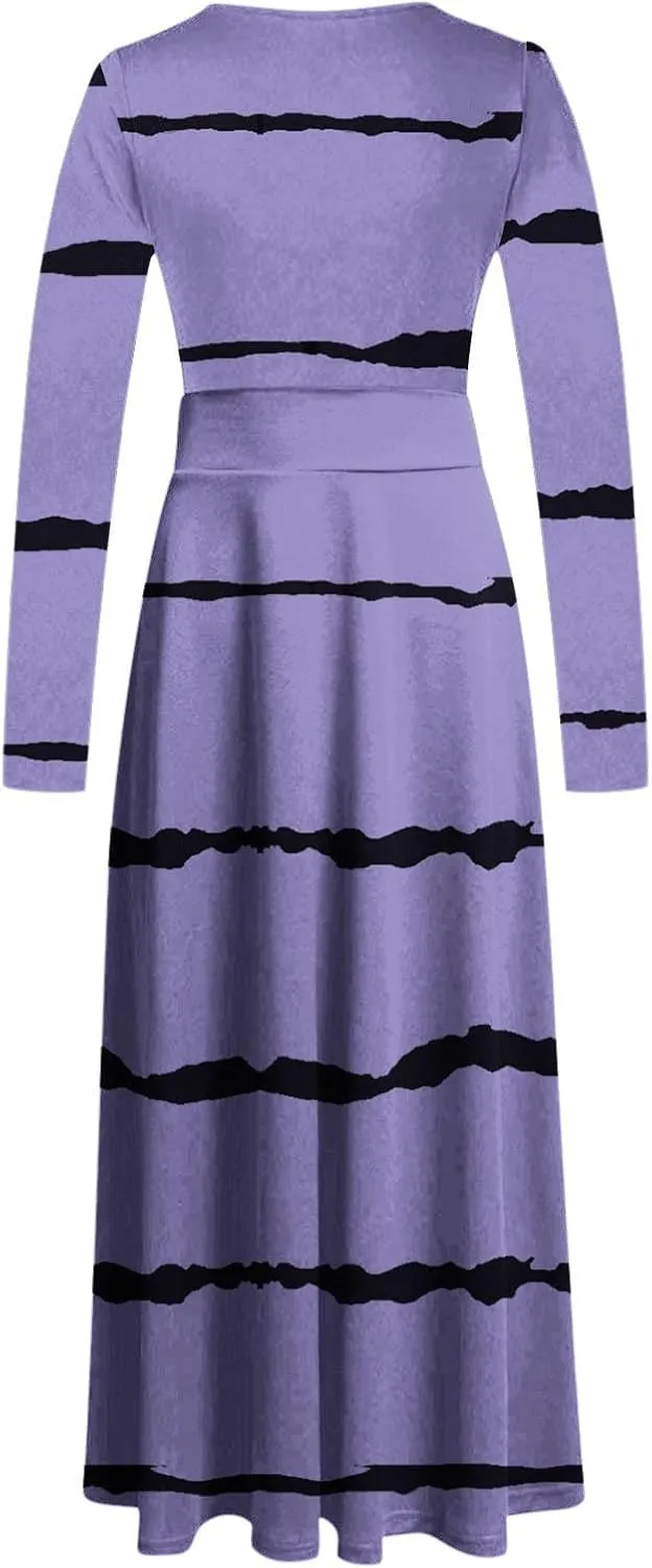 Fall Floral Dresses for Women 2024 Fashion Striped Elastic Waist Causal Boho Dress Plus Size Crewneck Oversized Dress