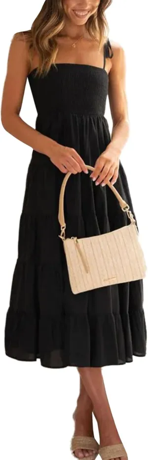Faretumiya Womens Summer Flowy Tiered Long Dress Sleeveless Casual Spaghetti Strap Sundress Y2k Swing Boho Beach Maxi Dress