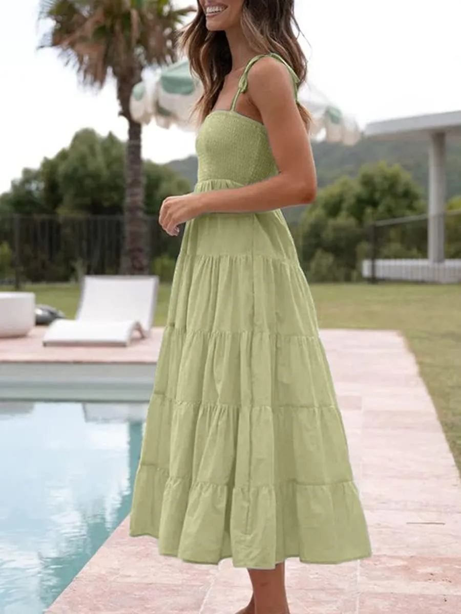 Faretumiya Womens Summer Flowy Tiered Long Dress Sleeveless Casual Spaghetti Strap Sundress Y2k Swing Boho Beach Maxi Dress