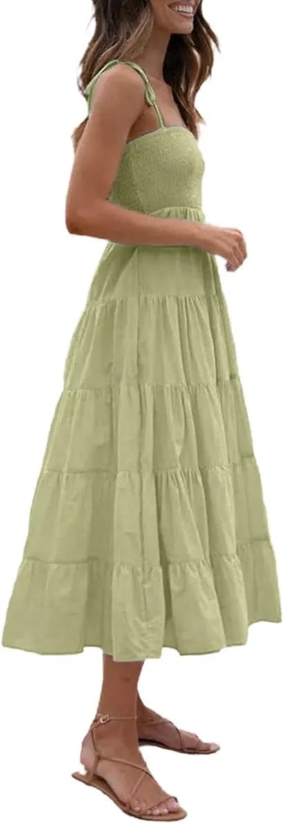 Faretumiya Womens Summer Flowy Tiered Long Dress Sleeveless Casual Spaghetti Strap Sundress Y2k Swing Boho Beach Maxi Dress