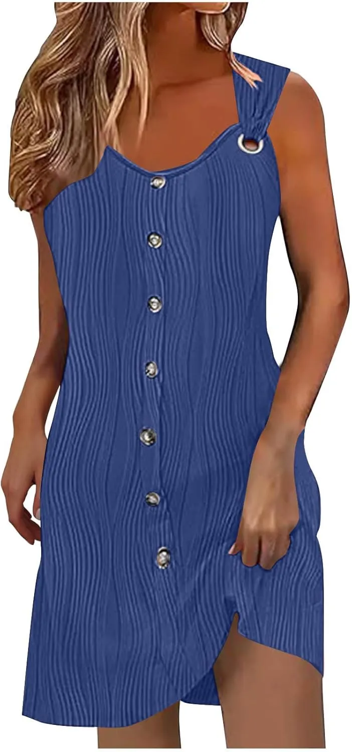 Finelylove Summer Spring Dresses for Women 2025 O Ring Shoulder Sleeveless Sundress Button A Line Mini Dress Beach Clothes