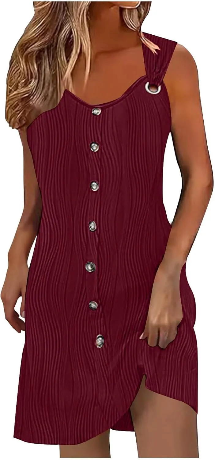 Finelylove Summer Spring Dresses for Women 2025 O Ring Shoulder Sleeveless Sundress Button A Line Mini Dress Beach Clothes