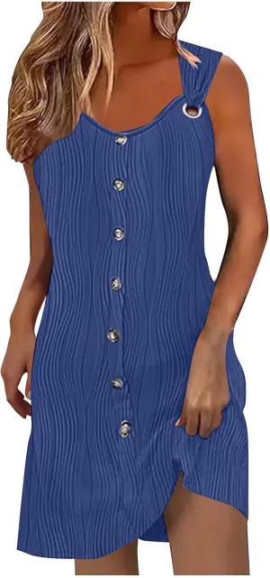 Finelylove Summer Spring Dresses for Women 2025 O Ring Shoulder Sleeveless Sundress Button A Line Mini Dress Beach Clothes