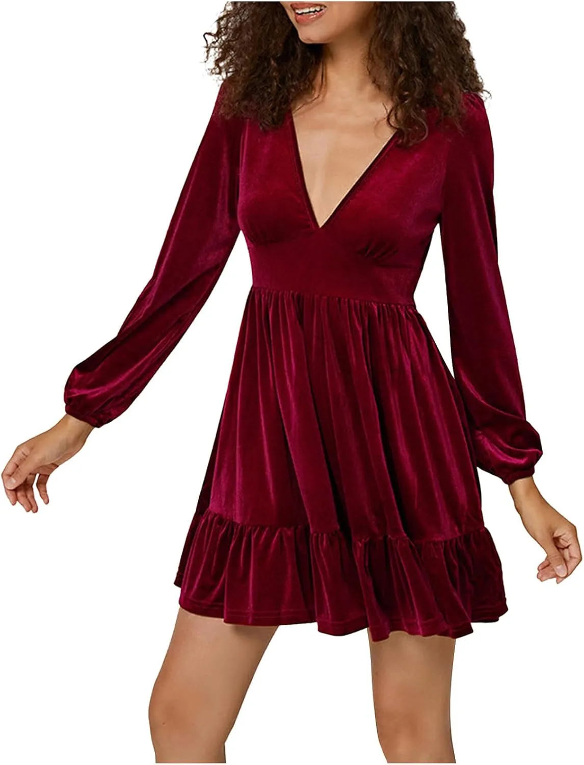 Firzero Womens Evening Party Dresses Plus Size Velet Ruffle Flowy Short Dress Casual V Neck Long Sleeve A Line Formal Dresses