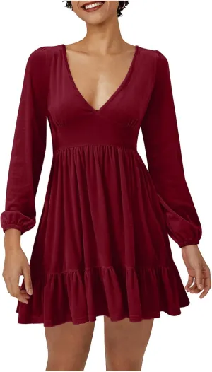 Firzero Womens Evening Party Dresses Plus Size Velet Ruffle Flowy Short Dress Casual V Neck Long Sleeve A Line Formal Dresses