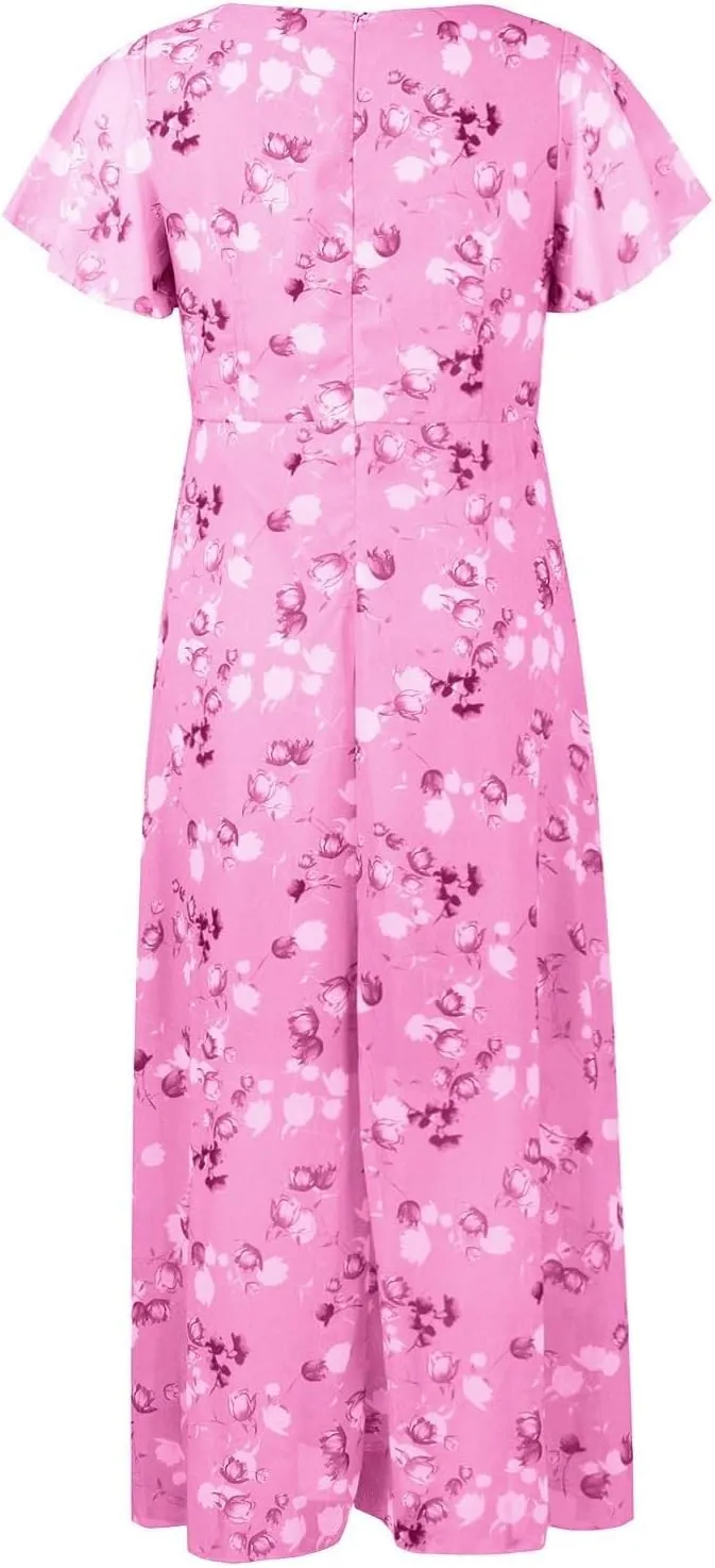 Floral Maxi Dress for Women Summer Flowy V Neck Boho Beach Dresses Short Sleeve Wrap Casual Chiffon Swing Sundresses