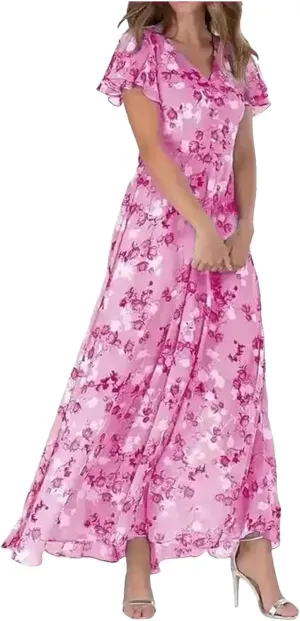 Floral Maxi Dress for Women Summer Flowy V Neck Boho Beach Dresses Short Sleeve Wrap Casual Chiffon Swing Sundresses