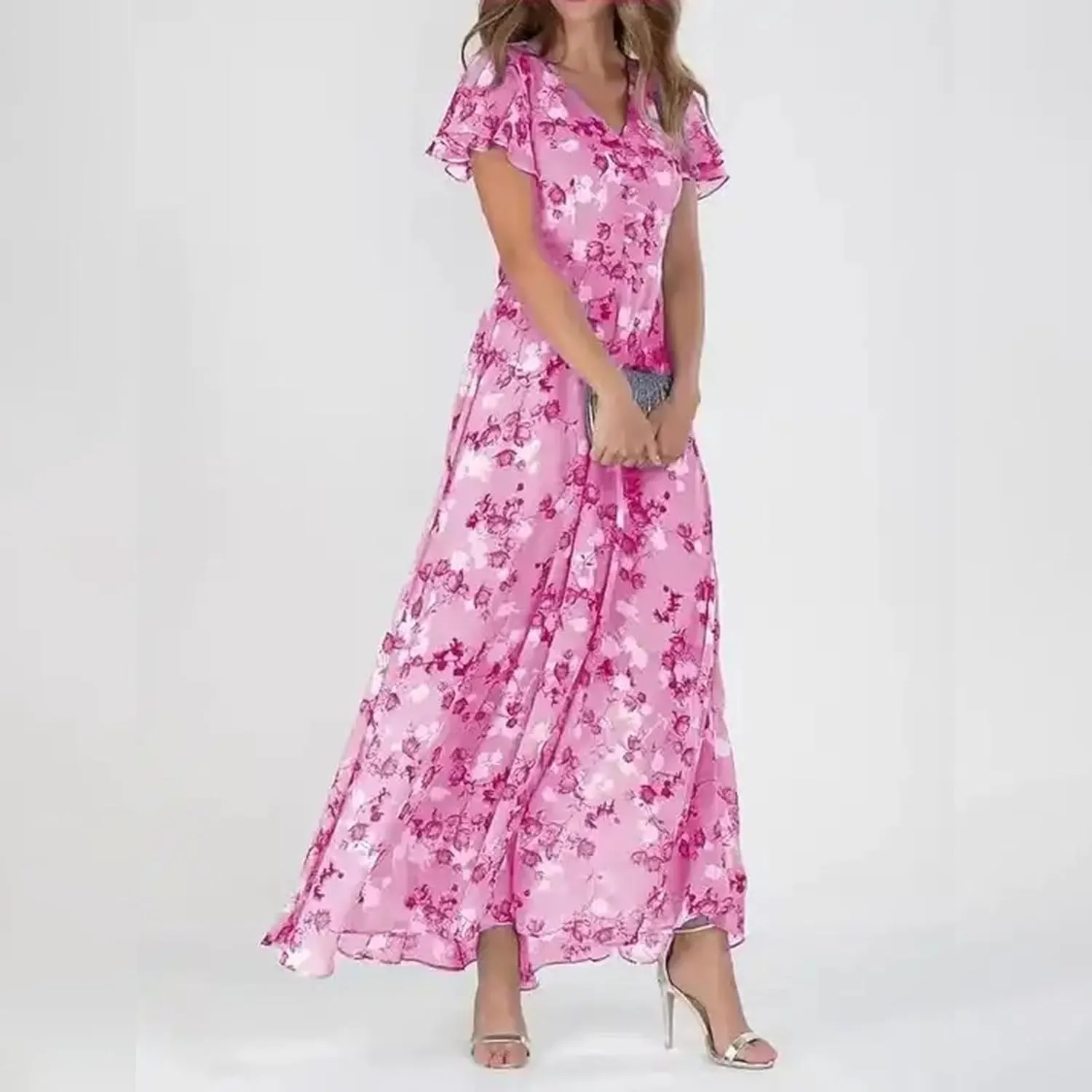 Floral Maxi Dress for Women Summer Flowy V Neck Boho Beach Dresses Short Sleeve Wrap Casual Chiffon Swing Sundresses