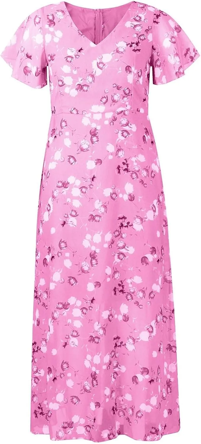 Floral Maxi Dress for Women Summer Flowy V Neck Boho Beach Dresses Short Sleeve Wrap Casual Chiffon Swing Sundresses
