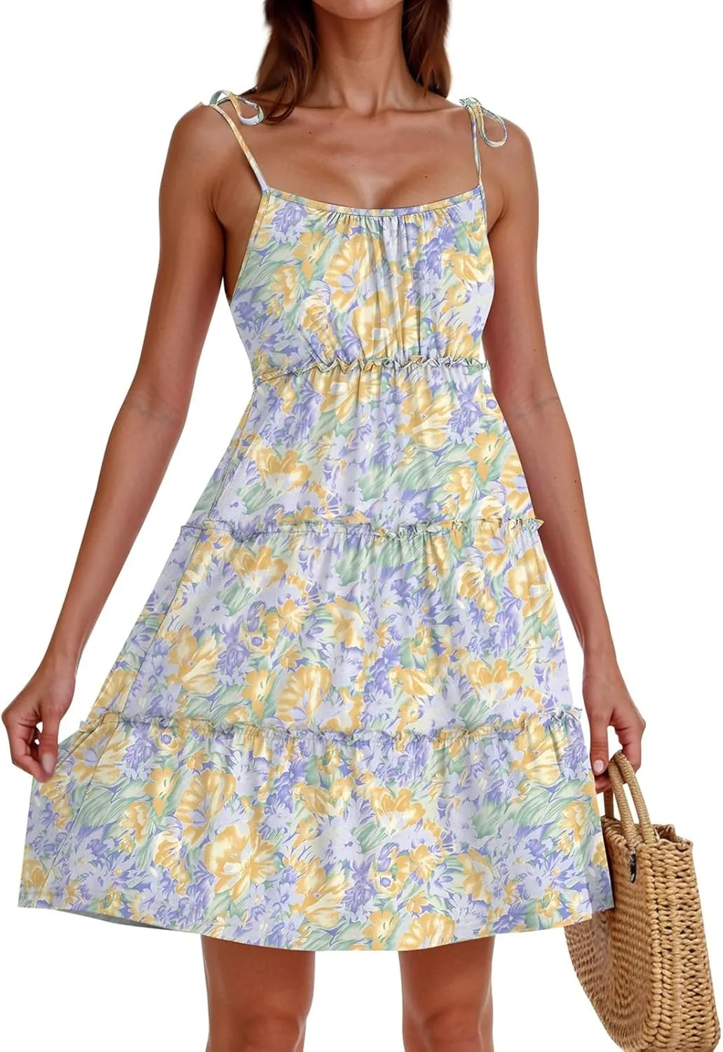Floral Sun Dresses for Women 2025 Vacation Summer Open Back Skater Dress Flowy Tiered Ruffle Babydoll Mini Sundress