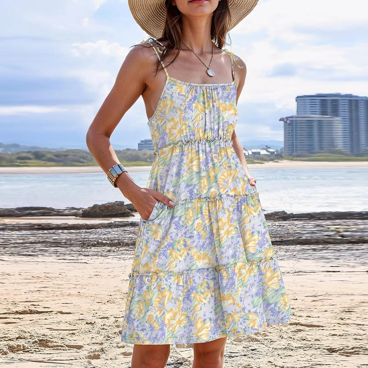 Floral Sun Dresses for Women 2025 Vacation Summer Open Back Skater Dress Flowy Tiered Ruffle Babydoll Mini Sundress