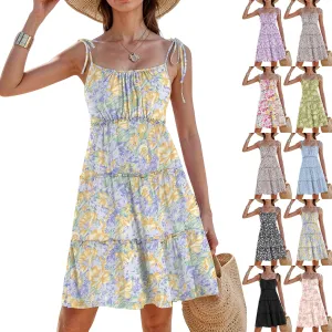 Floral Sun Dresses for Women 2025 Vacation Summer Open Back Skater Dress Flowy Tiered Ruffle Babydoll Mini Sundress