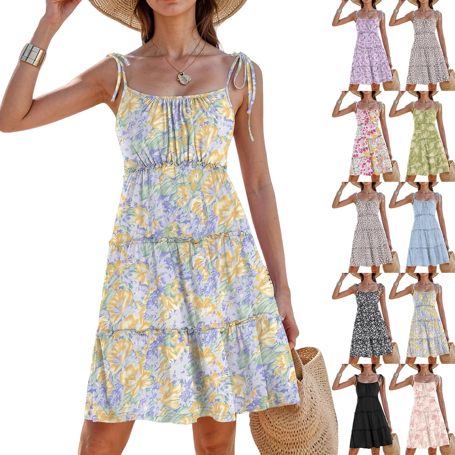 Floral Sun Dresses for Women 2025 Vacation Summer Open Back Skater Dress Flowy Tiered Ruffle Babydoll Mini Sundress