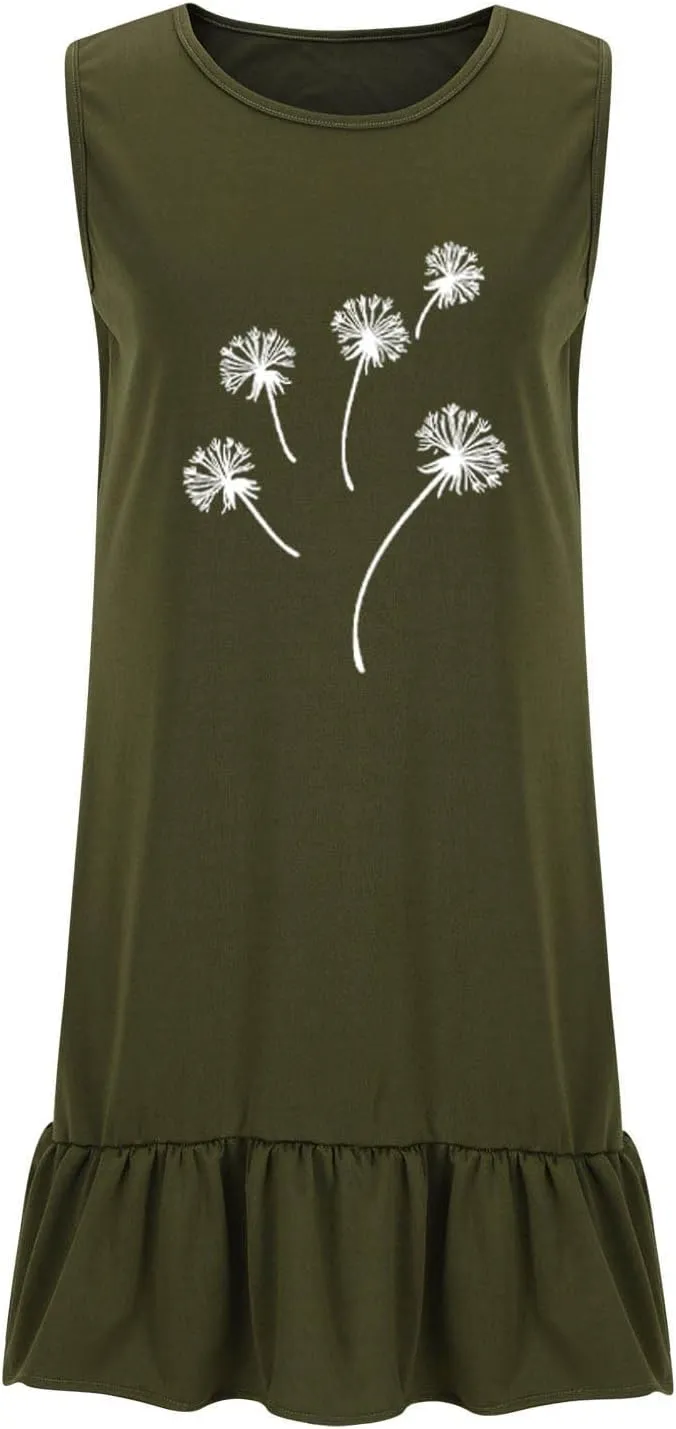 Flowy Dresses for Women Casual Sleeveless Floral Print Sundress Ruffle Hem Midi Tank Beach Dress with Pockets