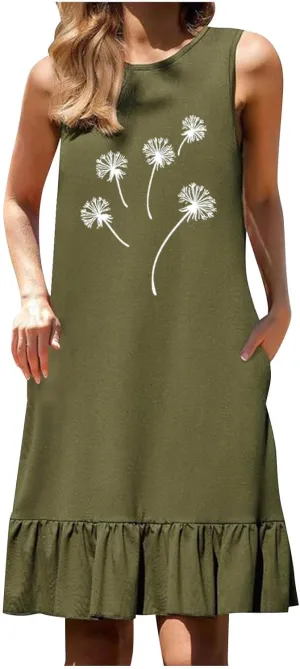 Flowy Dresses for Women Casual Sleeveless Floral Print Sundress Ruffle Hem Midi Tank Beach Dress with Pockets