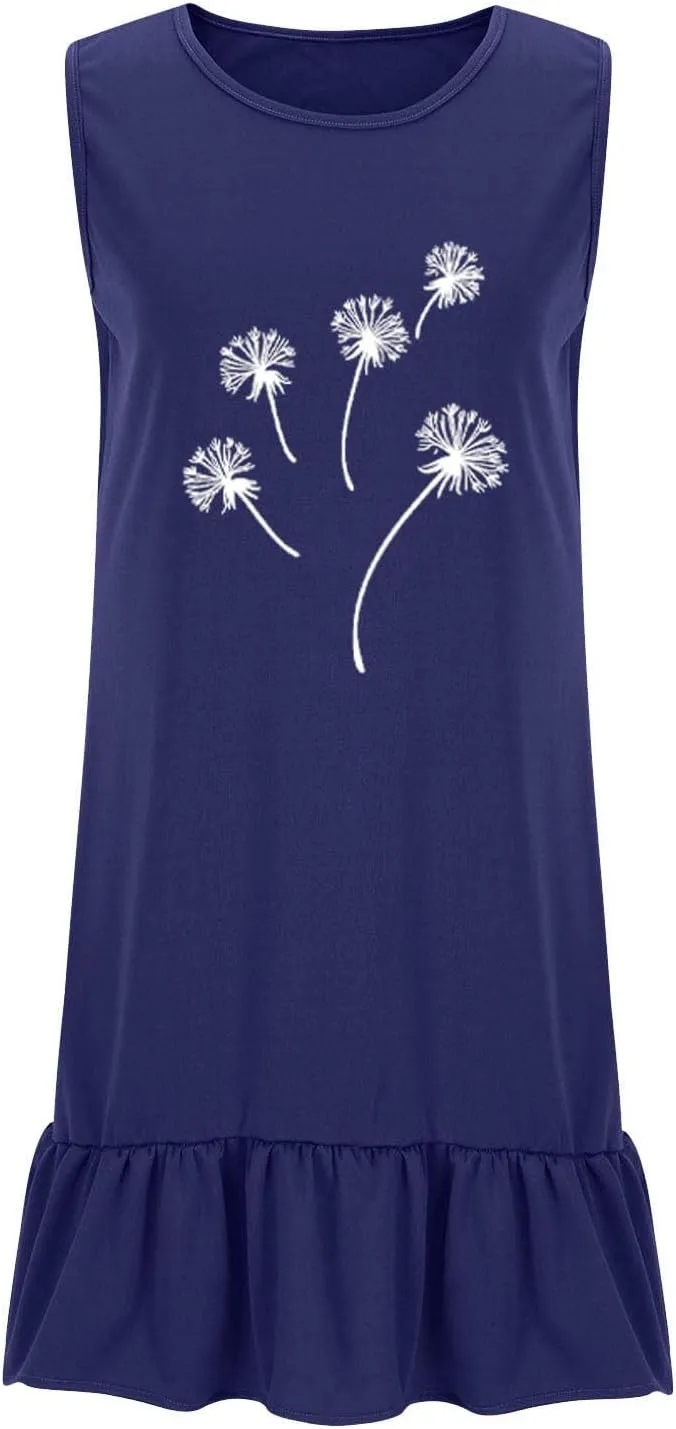 Flowy Dresses for Women Casual Sleeveless Floral Print Sundress Ruffle Hem Midi Tank Beach Dress with Pockets
