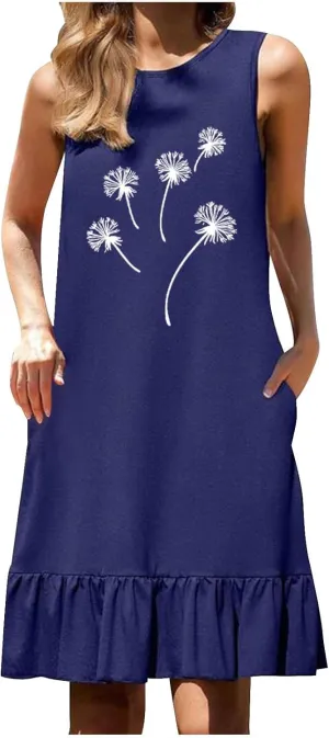 Flowy Dresses for Women Casual Sleeveless Floral Print Sundress Ruffle Hem Midi Tank Beach Dress with Pockets