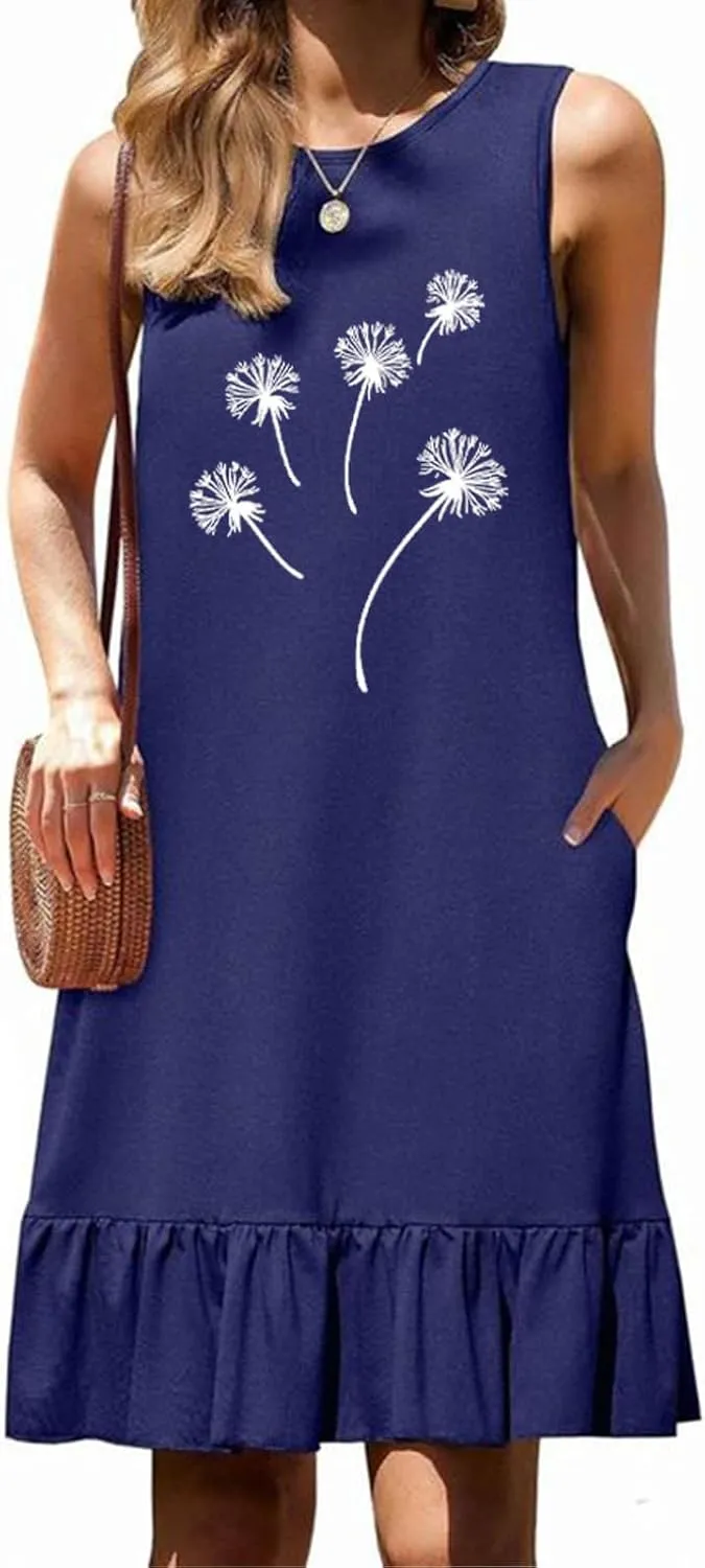 Flowy Dresses for Women Casual Sleeveless Floral Print Sundress Ruffle Hem Midi Tank Beach Dress with Pockets