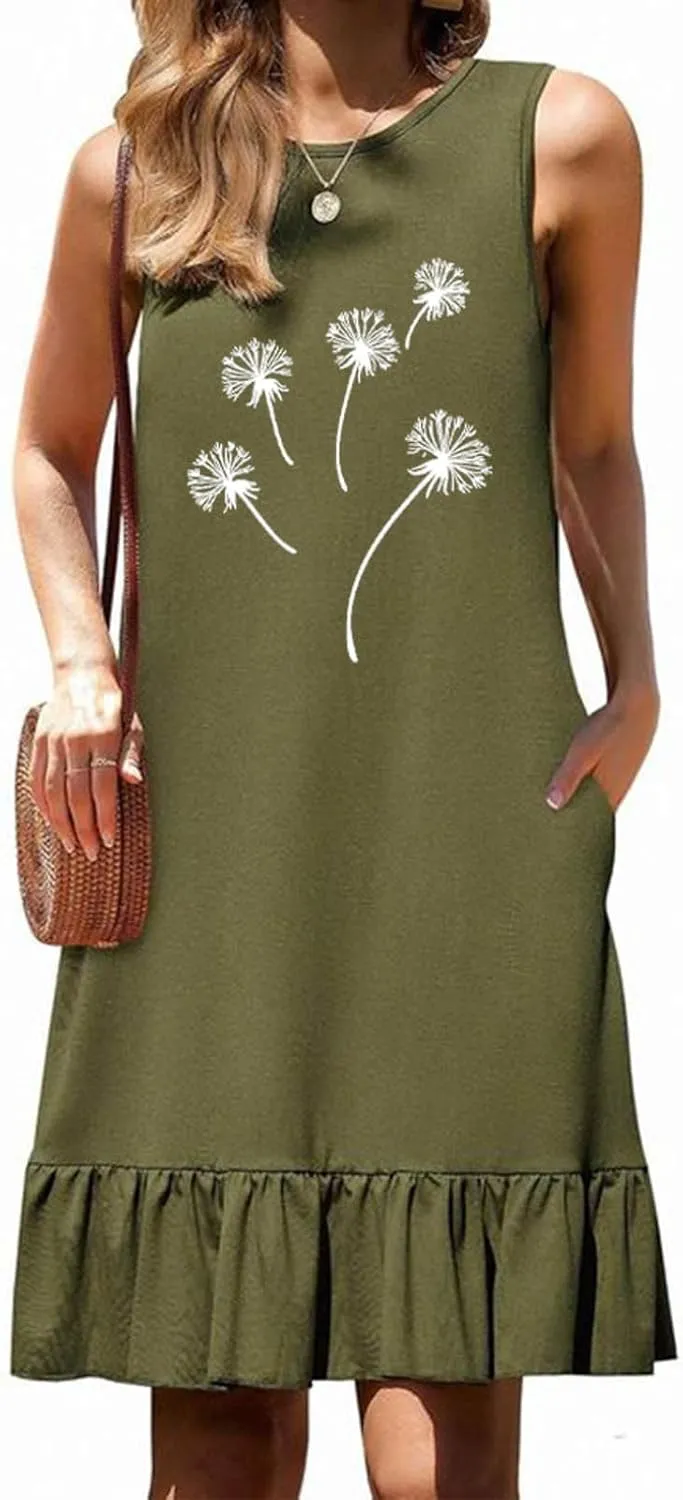 Flowy Dresses for Women Casual Sleeveless Floral Print Sundress Ruffle Hem Midi Tank Beach Dress with Pockets