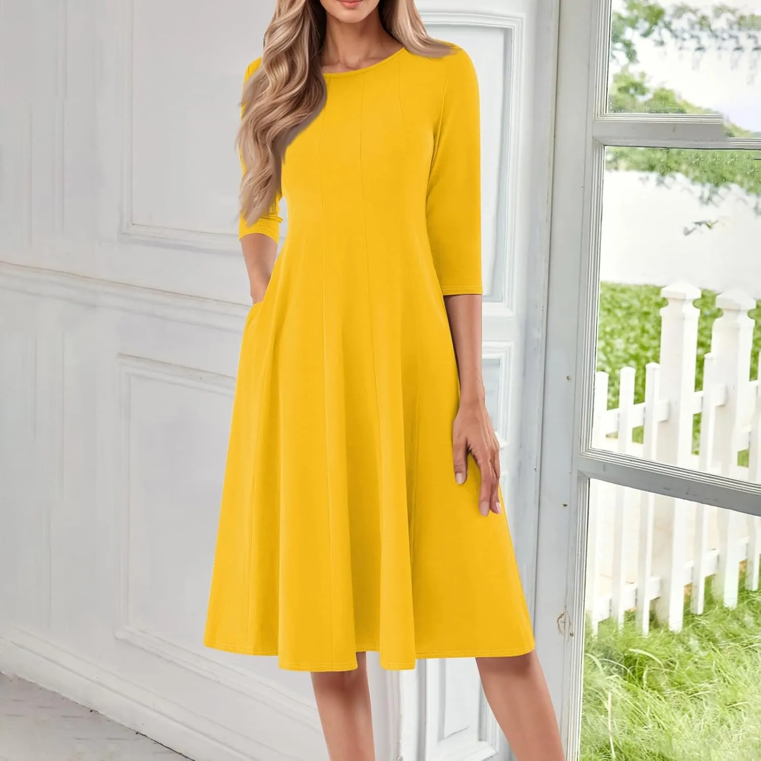 Formal Casual Dresses for Women 2025 Summer Spring 3/4 Sleeve Midi Casual Swing Pleated A Line Dress