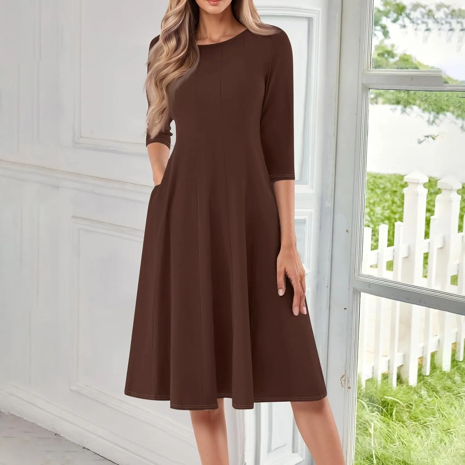 Formal Casual Dresses for Women 2025 Summer Spring 3/4 Sleeve Midi Casual Swing Pleated A Line Dress