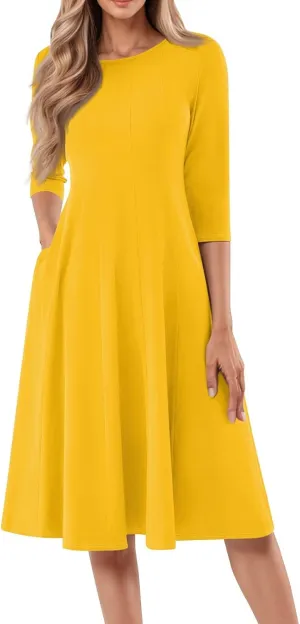 Formal Casual Dresses for Women 2025 Summer Spring 3/4 Sleeve Midi Casual Swing Pleated A Line Dress